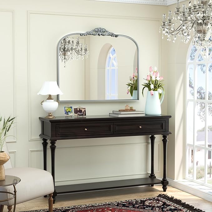 Keonjinn Vintage Mirror for Wall, 36" x 30" Silver Antique Mirrors with Metal Frame, Baroque Style Decoration for Mantle, Bathroom, Living Room, Fireplace, Bedroom, French Cleat Mounting