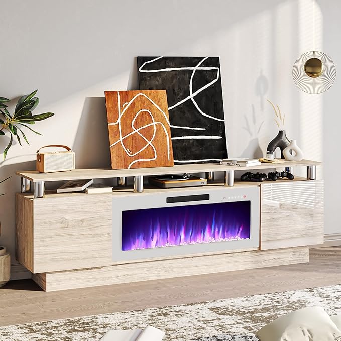 70" Modern Fireplace TV Stand with 36" Electric Fireplace for TVs Up to 80 inch, Luxury LED Light Entertainment Center with High Gloss Cabinet (Grey + Silver Posts with White Fireplace, 70'')