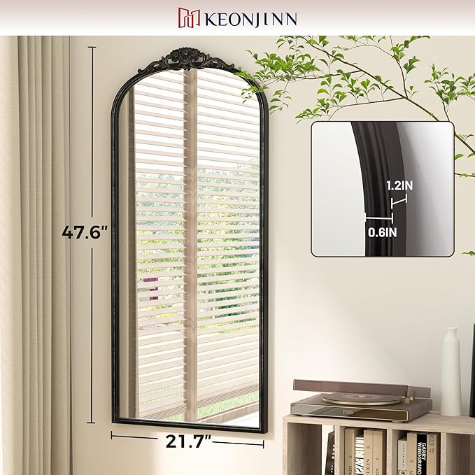 Keonjinn Arched Wall Mirror, 48" x 22" Vintage Mirror Full Length, Black Traditional Decoration Baroque Style, Ornate Mirrors for Hallway, Fireplace, French Cleat Mounting