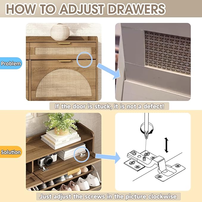 Rattan Shoe Storage Cabinet with 4 Flip Drawers & 2 Drawers, Freestanding Organizer for Front Door Entrance, Hidden Narrow Shoe Rack Cabinet Storage for Entryway, Rustic Oak Rattan