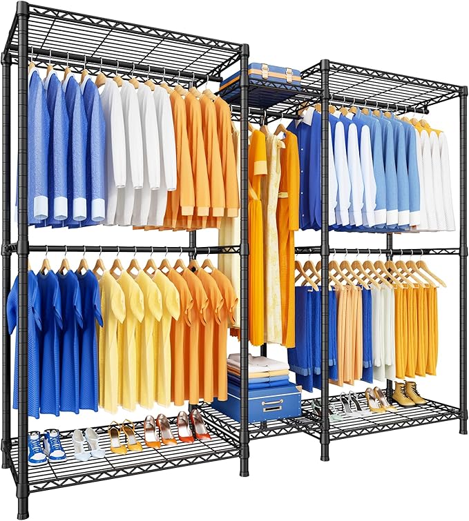 Ulif E12 Clothes Rack，Heavy Duty Freestanding Garment Rack with Shelves，Metal Clothing Closet Storage System for Hanging Clothes，71" W x 16" D x 76.5" H, Hold 960 lbs，Black