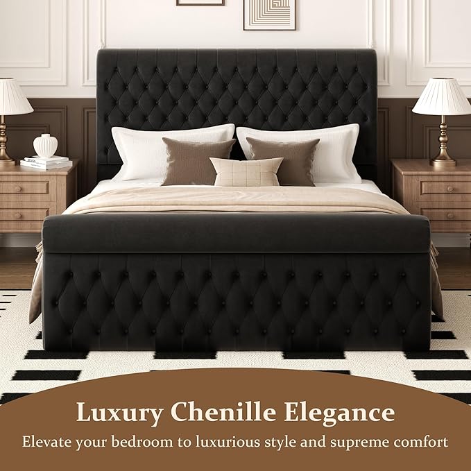 57.5" Tall King Size Upholstered Bed Frame with Rolled Headboard and Footboard, Plaform Bed Frame with Deep Button Tufting, Soft Chenille Fabric, Noise Free, No Spring Box Needed, Black