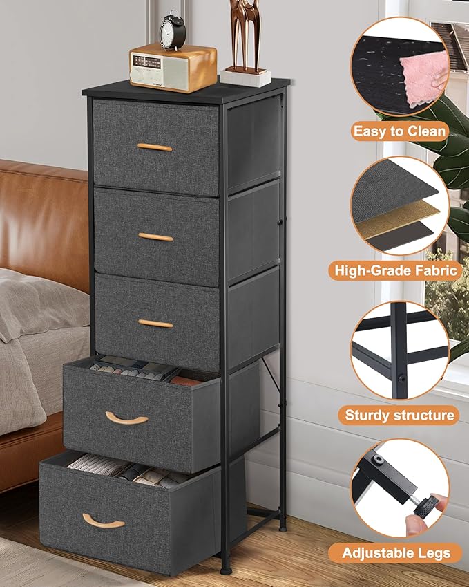 Dresser for Bedroom, Fabric Tall Dresser & Chests of Drawers with 5 Drawers, Vertical Organizer Storage Tower Unit for Bedroom, Hallway Grey