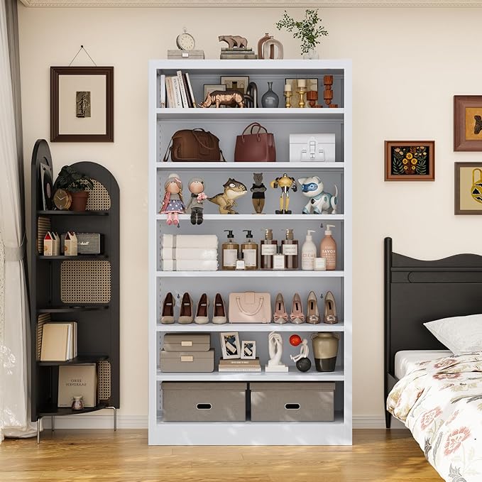 Heavy-Duty Steel Storage with 6 Adjustable Shelves , Metal Shelving Unit for Pantry, Office,Coffee Station– Easy Assembly, Multi-level Organizational Space(White, 7 Tier-55"H x 27.6"W x 11.8"D)