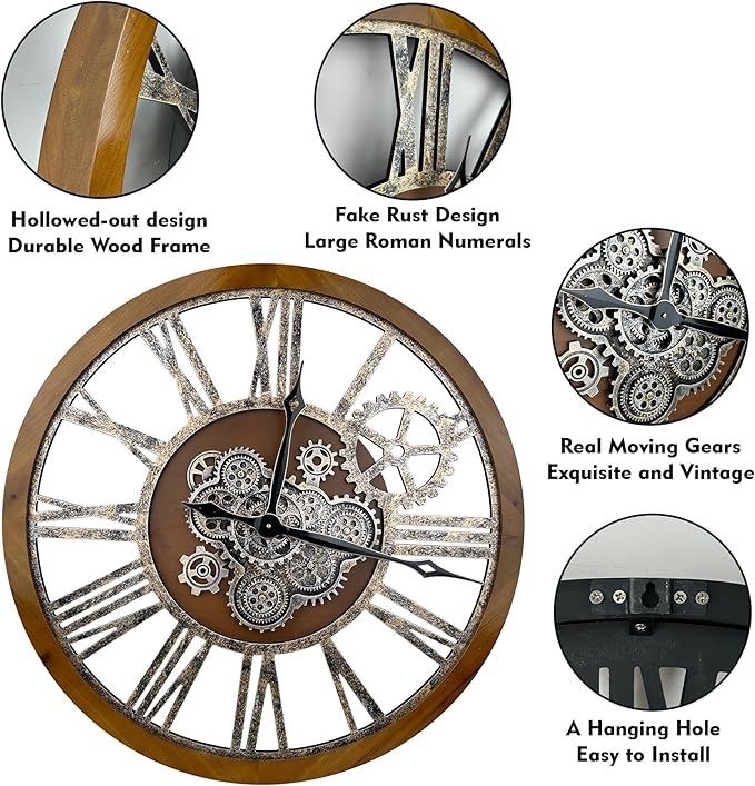The B-Style Large Real Moving Gears Wall Clock 30 inch Rustic Retro Industrial Farmhouse Wood Clock Oversized Decorative Vintage Wall Clocks for Living Room (Drak Brown and Bronze)