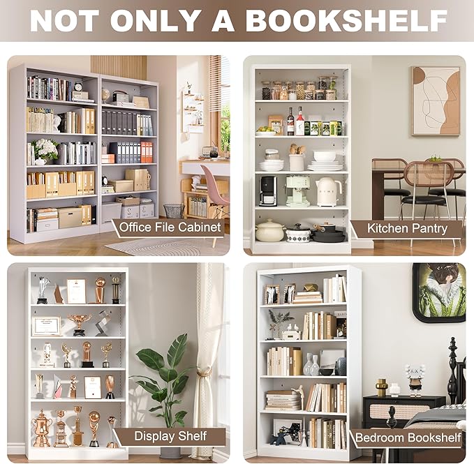 Book Shelf Organizer, Metal Bookshelves Adjustable, 5 Tier White Bookcase, Heavy Duty Open Bookshelf for Office, Living Room, Library, Bedroom, 65.8" Tall