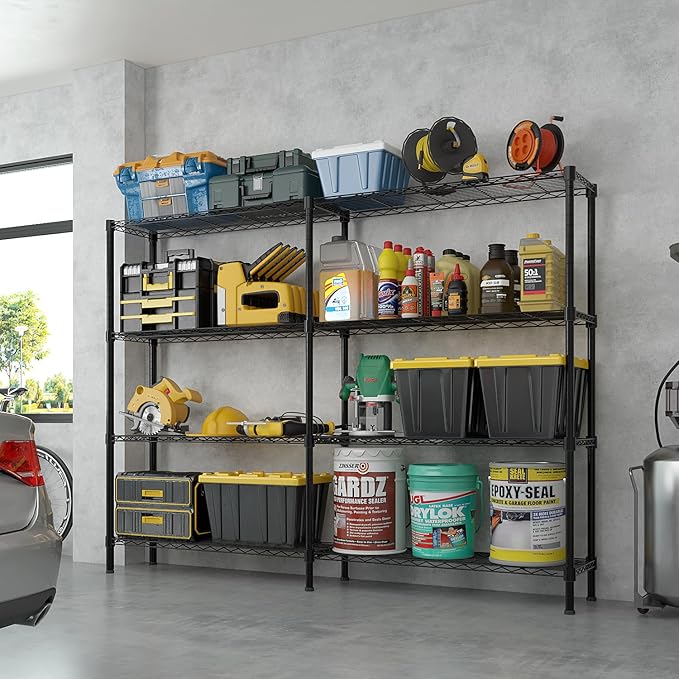 VINGLI 58" W Storage Shelves 1220LBS Heavy Duty Metal Shelving, Upgraded 4 Tier Garage Shelving Unit, Adjustable Wire Shelf for Storage Rack Commercial Pantry Shelf Organizer, 58" W × 13.8" D × 59" H