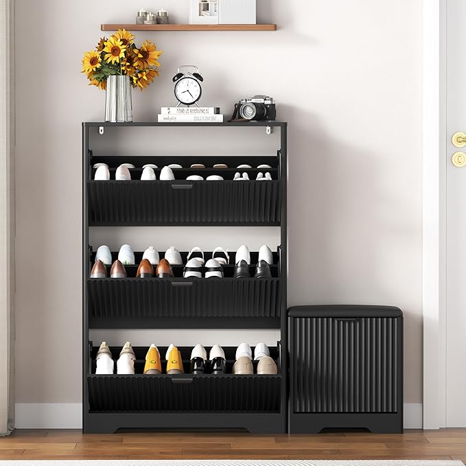 Shoe Cabinet Storage for Entryway with 4 Flip Drawers, Black Fluted Shoe Cabinet with Bench, Wooden Hidden Shoe Rack Freestanding Narrow Slim Shoes Storage Organizer for Hallway, Entrance