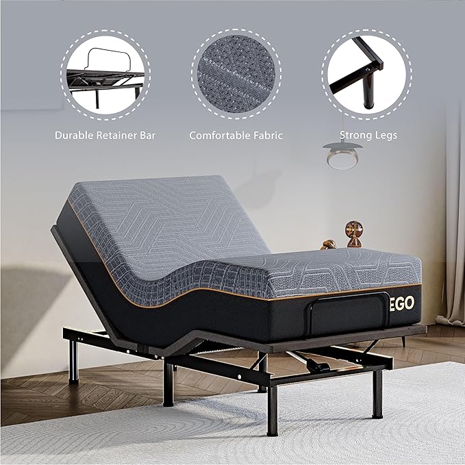 Twin XL Adjustable Bed Base Frame with Wireless Remote + 12 Inch Twin XL Gel Memory Foam Mattress Bed in a Box, Head and Foot Incline, Zero Gravity, Fiberglass Free,80" × 38"