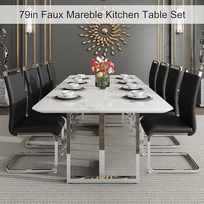 79 Inch Modern Dining Table Set for 8, White Luxury Kitchen Set with 1.8-inch Faux Marble Table Top & 8 PU Leather Upholstered Chairs for Dining and Living Room
