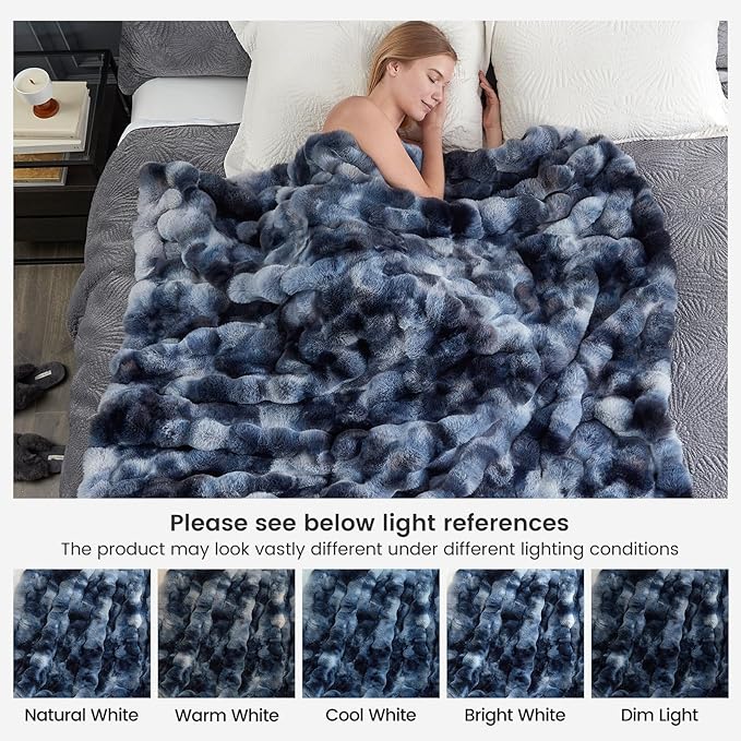 Cozy Bliss Faux Fur Throw Blanket for Couch, Fuzzy Soft Plush Thick Bubble Blanket for Sofa Bedroom Living Room, 90 * 90 Inches Tie Dye Blue