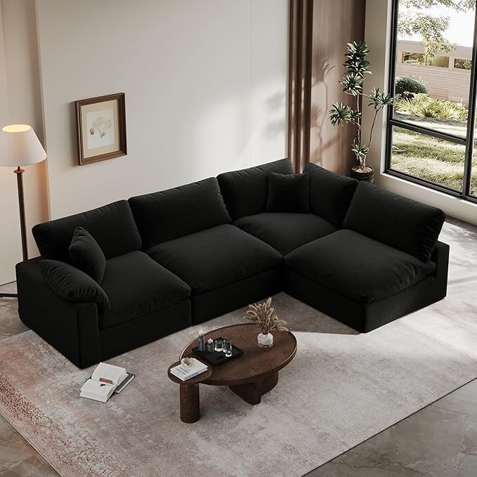 Oversized Cloud Sectional Couches for Living Room, 110.8" Comfy Down Filled Couch, Convertible 4 Seater Modular Sectional Sofa with Removable Covers, Deep Seat Modular Couch, Black