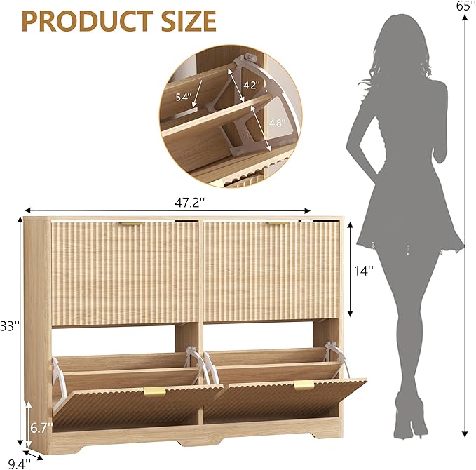 Shoe Cabinet Storage for Entryway with 4 Flip Drawers, Oak Fluted Shoe Cabinet with Adjustable Shelves, Wooden Hidden Shoes Rack Freestanding Narrow Slim Shoes Storage for Hallway, Entrance
