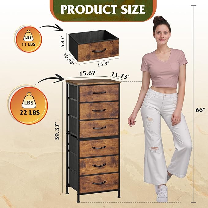 WLIVE Tall Dresser for Bedroom, 6 Drawer Dressers & Chests of Drawers, Fabric Dresser for Closet, Night Stand with Metal Frame, Storage Tower with Fabric Bins, Wood Top, Rustic Brown Wood Grain Print