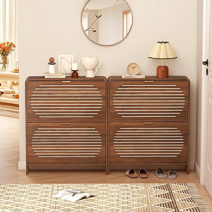 Curved Narrow Shoe Storage Cabinet for Entryway with 2 Flip Drawers, Wood Shoe Cabinet with Arched Panel, Freestanding Shoe Organizer Closed Shoe Rack for Hallway, Foyer, Walnut