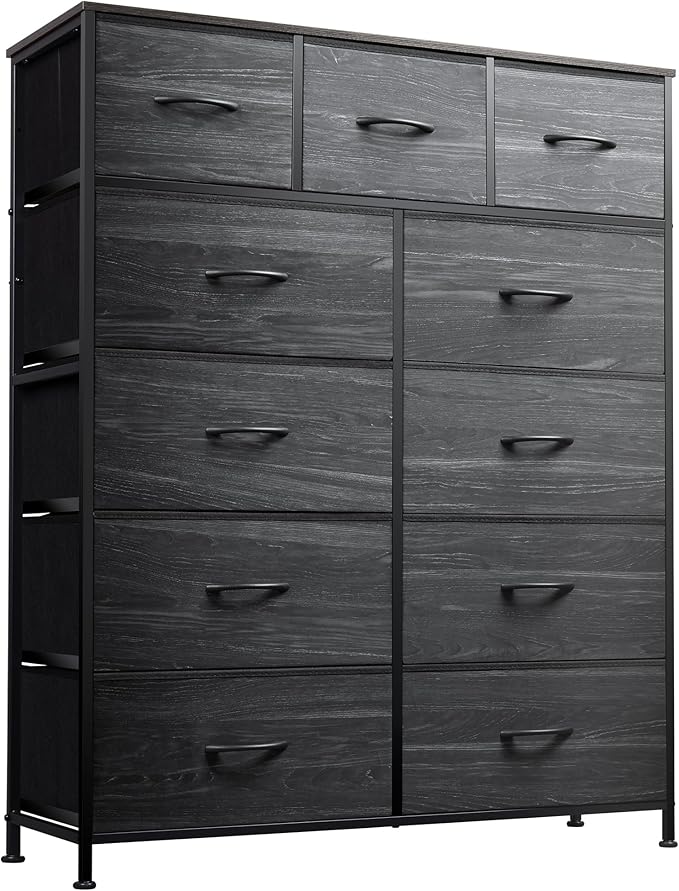 WLIVE Storage Organizer Unit with 11 Fabric Bins, Storage Drawers Organizer with Steel Frame, Tall Storage Tower Organizaton for Living Room, Hallway, Office, Charcoal Black Wood Grain Print