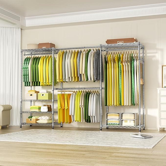 Ulif E1 Heavy Duty Closet Garment Rack, 6 Tiers Adjustable Metal Freestanding Expandable Clothing Storage with 4 Hanger Rods, Easy to Assemble Wardrobe, 71.4" H x (70" - 88.2") L x 14" D, Chrome