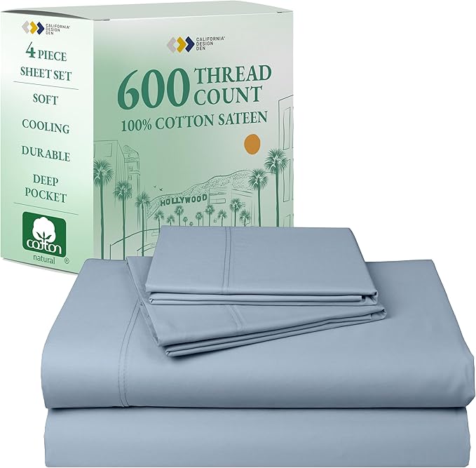 California Design Den Luxury Queen Size Sheet Set - 100% Cotton, 600 Thread Count Deep Pocket Queen Sheets, Hotel-Quality Bedding with Sateen Weave - Blue