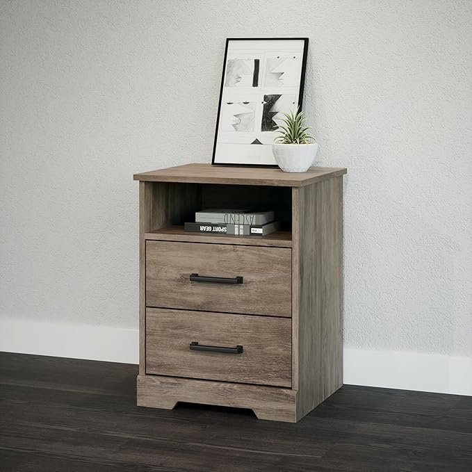 Prepac Rustic Ridge Farmhouse Nightstand Bedside Table, Brown Nightstand for Bedroom, End Table with 2 Drawers and Open Shelf 16.25"D x 18.75"W x 24.5"H
