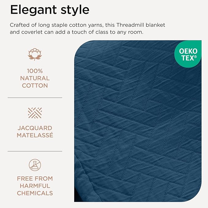 Threadmill Luxury Cotton Blankets for King Size Bed | All-Season Cozy 100% Cotton Blanket | Criss Cross Soft & Lightweight Coverlet fits California King Size Bed, 104x92 | Folkstone Blue