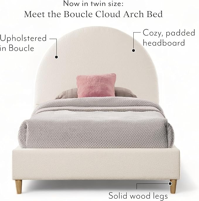 DG Casa Boucle Cloud Bed Frame with Arch Shaped Headboard, Upholstered in Soft Fabric, Platform Bed Frame with Solid Wood Legs - Boho or Modern Style - No Box Spring Needed - Twin Size