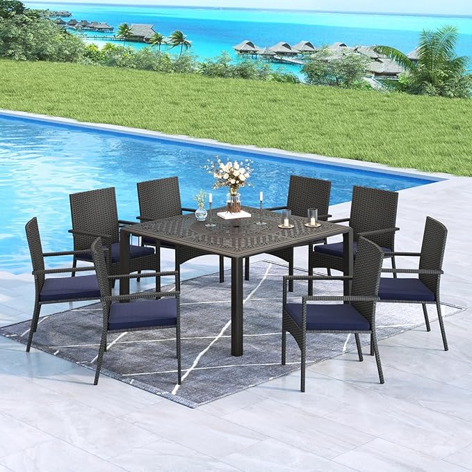 MFSTUDIO Pieces Patio Dining Set, All Weather Patio Furniture Set for with Rectangular Cast Aluminum Table and Wicker Chairs, Outdoor Patio Table and Chairs Dining Set