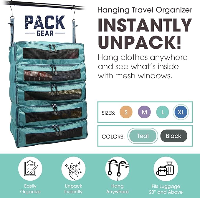 Pack Gear Hanging Suitcase Organizer - Our XL Hanging Luggage Organizer Perfectly Fits Any Suitcase - Our Packing Cubes for Travel Use Mesh Windows to Make Finding Any Outfit Easy (Green, XL)