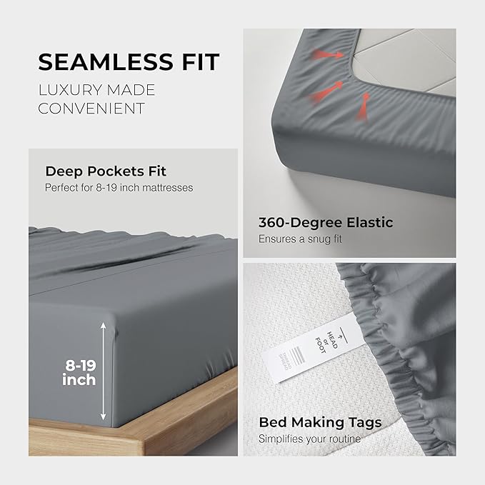 THREAD SPREAD 100% Egyptian Cotton Sheets Queen Size - 1200 Thread Count 4 PC Queen Sheet Set Egyptian Cotton, Sateen Luxury Sheets Queen Size, High Thread Count Sheets, 17" Deep Pocket - Dark Grey