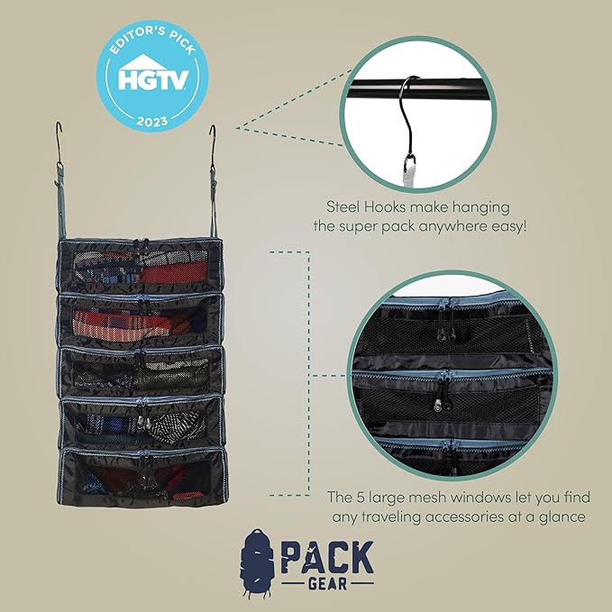 Pack Gear Hanging Suitcase Organizer - Our Large Hanging Luggage Organizer Fits Any Suitcase - Our Packing Cubes For Travel Uses Mesh Windows to Make it Easy to Find your Clothes (Black, L)