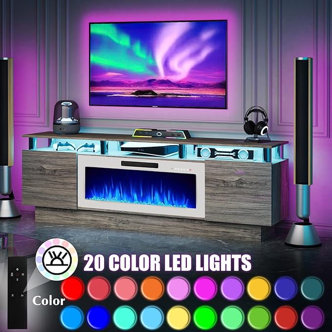 70" Modern Fireplace TV Stand with 36" Electric Fireplace for TVs Up to 80 inch, Luxury LED Light Entertainment Center with High Gloss Cabinet (Grey + Silver Posts with White Fireplace, 70'')