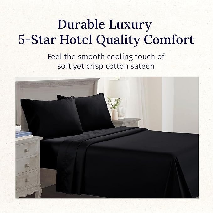 California Design Den Twin Sheets Set - Luxury 600 Thread Count Sateen, Natural 100% Cotton Bed Sheets, Fully Elasticized Deep Pockets, Crisp, Cool and Durable Hotel Quality Bedding - Black