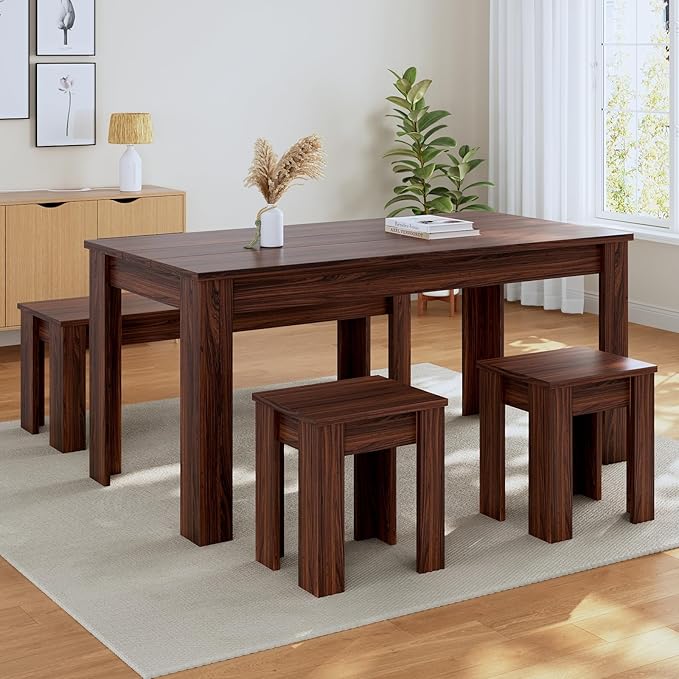 62.9" Wooden Dining Table with Bench and 2 Stools, Modern Kitchen Table and Chairs Set for 4 or 5 Person, Thickened MDF Wooden Table for Dining Room, Kitchen