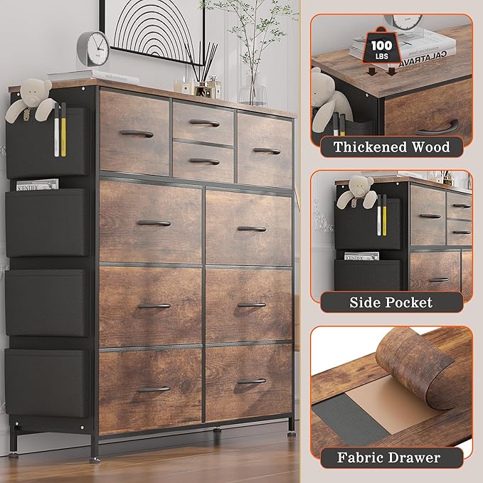 Lulive Dresser for Bedroom with 10 Drawers, Chest of Drawers with Side Pockets and Hooks, Fabric Storage Organizer Unit for Living Room, Hallway, Closet (Rustic Brown)