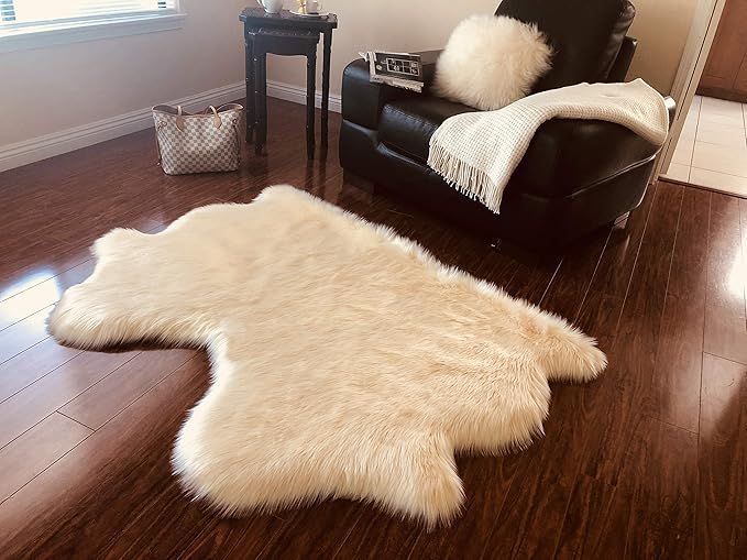 Free Shape Luxury Soft Fluffy Shag Area Rug Double Side by Side 3'x4', 90x120cm - Vegan Fur Ultra Soft Indoor Carpet Nursery Rugs for Bedroom Home Decor, Cream