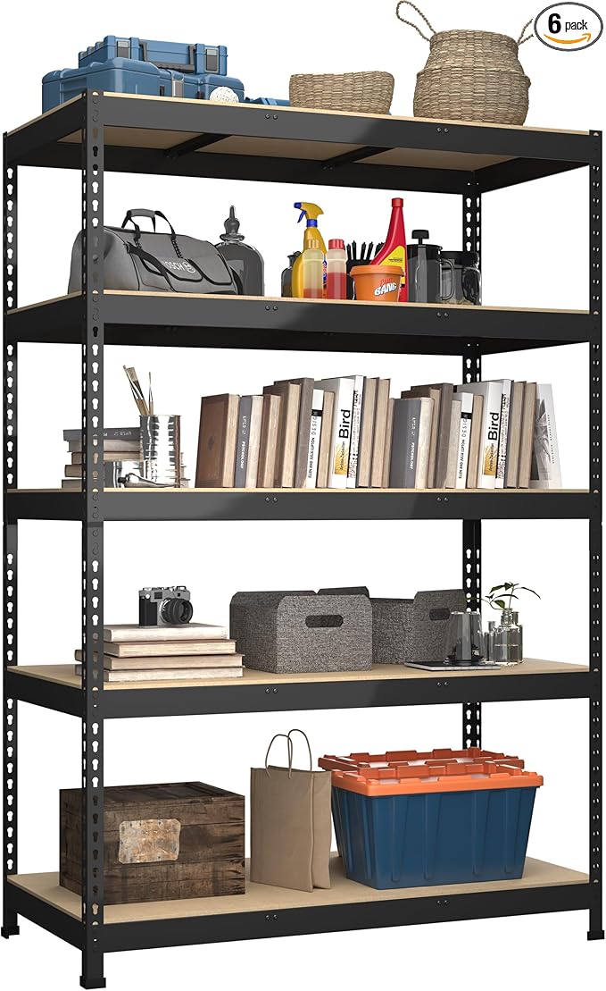 6 Packs 48" W x 24" D x 72" H Adjustable Garage Storage Shelves - 5-Shelf Heavy Duty Shelving Unit, Metal Utility Storage Organizer Racks for Warehouse Pantry Closet Kitchen, Black