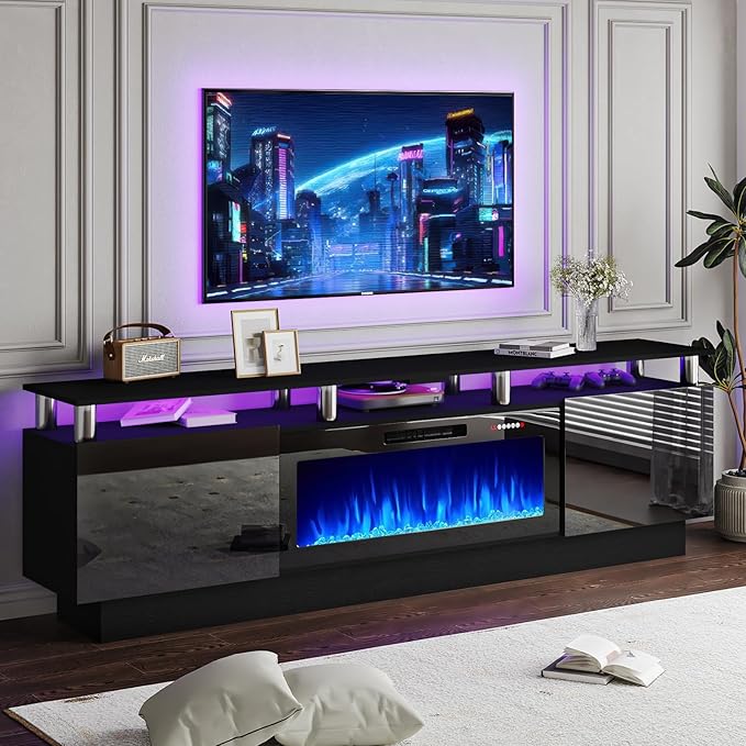 80" Modern Fireplace TV Stand with 36" Electric Fireplace for TVs Up to 90 inch, Luxury LED Light Entertainment Center with High Gloss Cabinet, TV Consoles for Living Room, Black