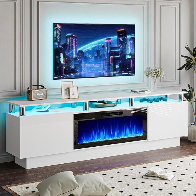 80" Modern Fireplace TV Stand with 36" Electric Fireplace for TVs Up to 90 inch, Luxury LED Light Entertainment Center with High Gloss Cabinet, TV Consoles for Living Room, White
