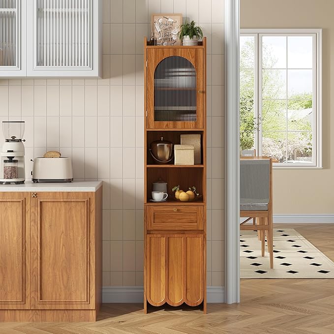 Tall Bathroom Storage Cabinet with 1 Drawer and 2 Doors - Modern Bath Organizer, Slim Freestanding Storage for Bathroom Essentials (11.8 Inches Wide), Brown