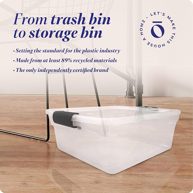 HOMZ 4-Pack Latching Lid, Clear Plastic Storage Organizer Bins, 15.5 Quart, Gray Latch - Stackable Organizing Containers for Home, Garage, and Office