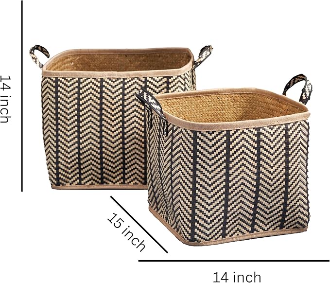 Set of 2 Isidore Square Palm Leaf Woven Wicker Storage Baskets with Handles (14"x14"x15" and 16"x16"x17" - Black-Brown) - Perfect for Halloween, Thanksgiving, and Home Organization