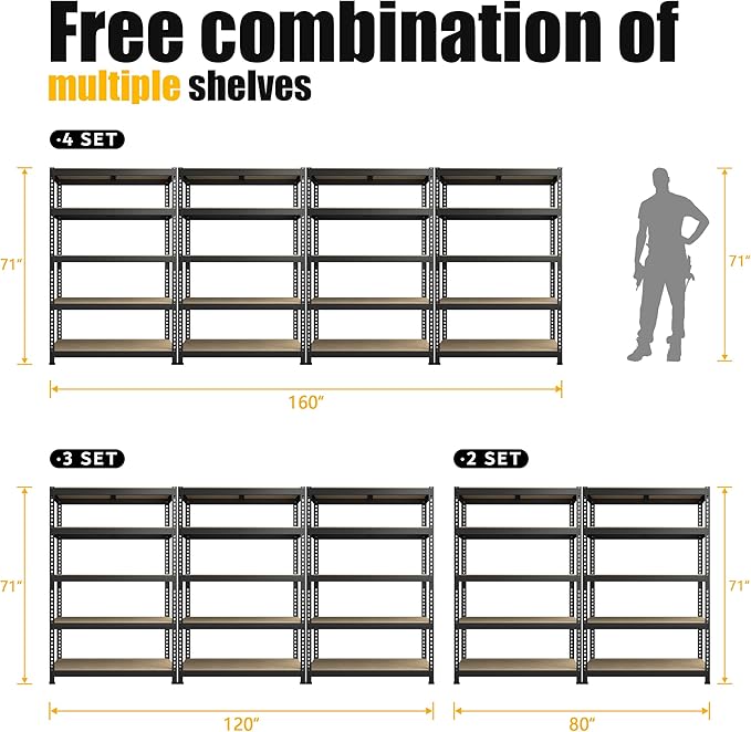 PrimeZone 40" W x 18" D x 71" H Heavy Duty Storage Shelves, 5 Tier Adjustable Garage Storage Shelving, Metal Shelving Unit Utility Rack Shelf for Warehouse Pantry Closet Kitchen, Black, 2 Pack