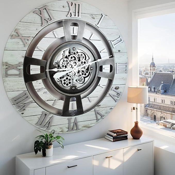 The Gears Clock Real Moving Gear Wall Clock England Line (White Farmhouse, 36 inches (90 cm))