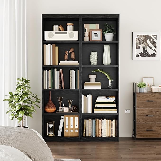 5-Tier Bookcase Set of 2, Open Storage Shelf, Narrow Tall Book Shelf, Freestanding Display Storage Shelves Suitable for Home Office, Living Room and Bedroom, Black