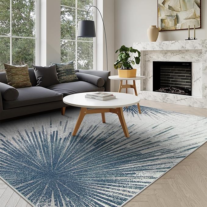 Lahome Modern Machine Washable 6 x 9 Area Rug, Non-Slip Ultra-Thin Big Rugs for Living Room Throw Soft Large Carpet for Bedroom, Abstract Print Indoor Carpet for Dining Room Office (Blue/Gray, 6'x9')