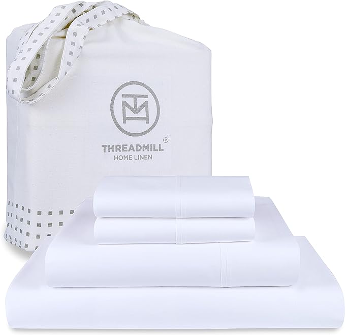 Threadmill 100% Cotton Sheets for Queen Size Bed - 600 Thread Count Queen Bed Sheets Set with 16” Deep Pocket - Sateen Weave 4-Piece Bedding Set with Cooling Effect, White