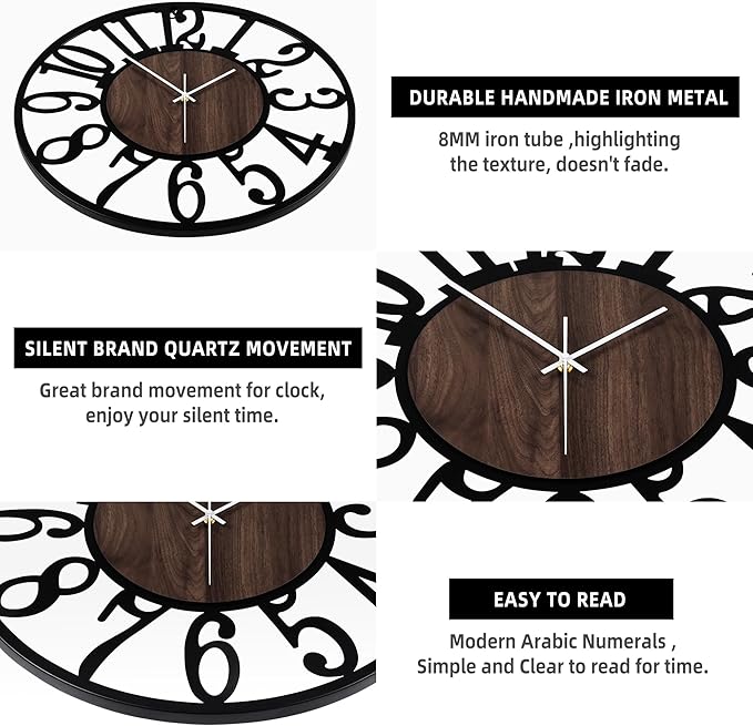 LEIKE Large Wall Clocks,Silent,Non Ticking,Battery Operated Small Vintage Round Modern Wood Wall Clock for Living Room, Bedroom,Kitchen,Farmhouse,Office Decor-13.5 Inch(Black-Arabic Number)