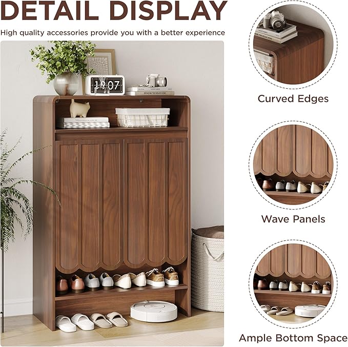 Vabches Shoe Storage Cabinet with Wave Panel Doors, 5-Tier Shoe Cabinet with Adjustable Shelves, 45'' Tall Freestanding Narrow Shoe Organizer for Entryway, Front Door, Hallway, Wood Legs, Brown