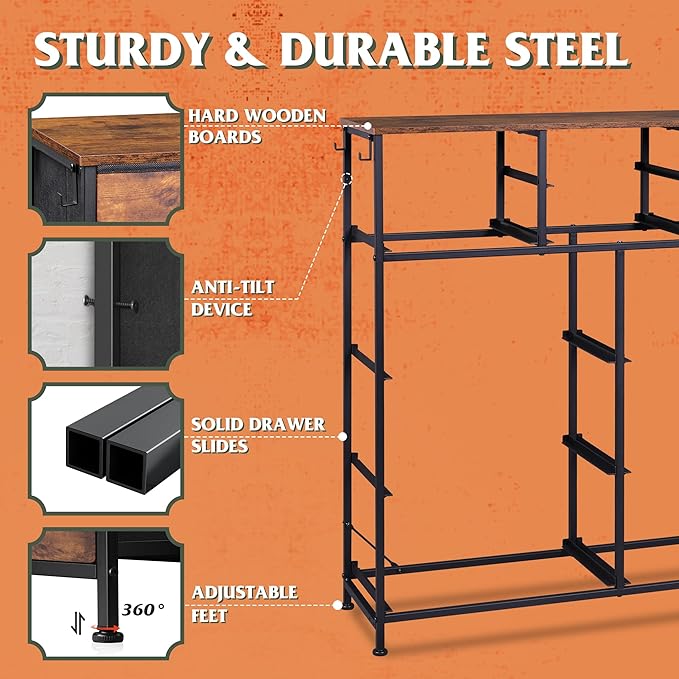 WLIVE Fabric Dresser for Bedroom with 10 Drawers, Chest of Drawers with Side Pockets and Hooks, Sturdy Metal Frame, Drawers Organizer Unit for Living Room, Hallway, Rustic Brown Wood Grain Print