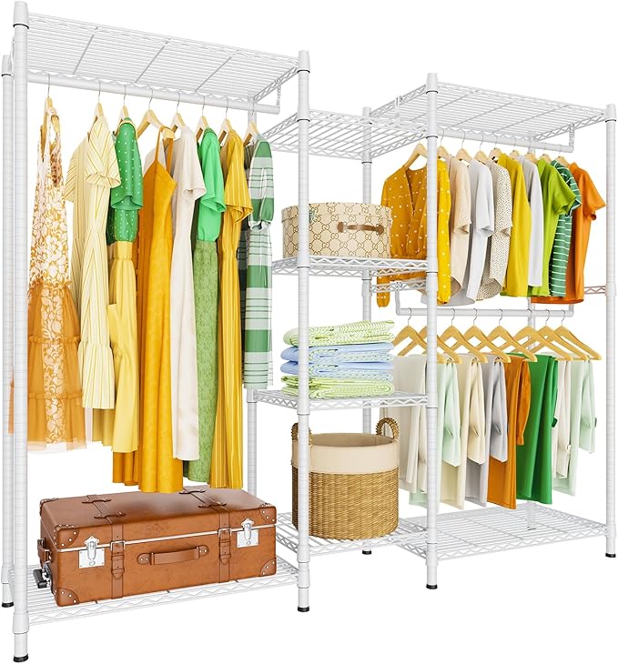 LEHOM G6M Heavy Duty Clothes Rack for Hanging Clothes, Portable Garment Rack Compact Size Closet Organizer, Freestanding Metal Clothing Rack Wardrobe Closet with Storage Shelves for Bedroom, White