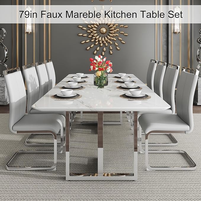 79'' Modern Dining Table Set for 10,White Kitchen Table Set,Luxury Dining Table Set with 1.8-inch Thick Faux Marble Table Top＆10 Pu Leather Upholstered Chairs Ideal for Dining kicken Room
